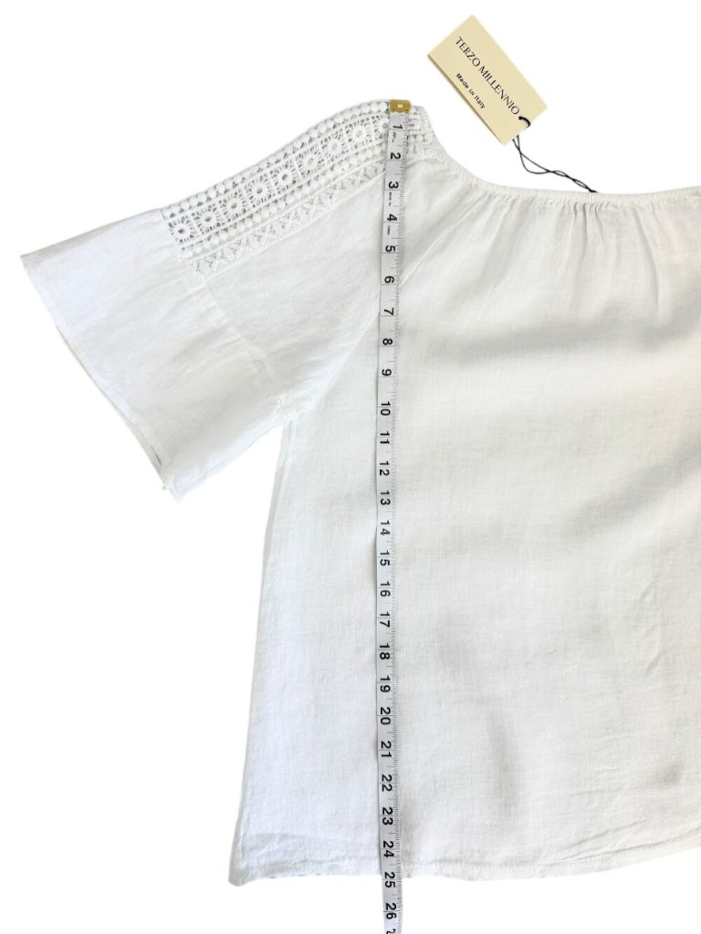 Terzo Millennio 100% Linen Made in Italy White Crochet Sleeve Boho Top L NWT - Picture 4 of 9